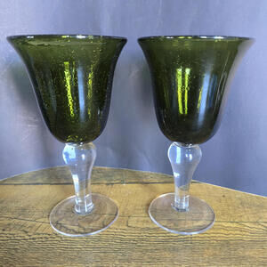 Elegant Olive Green Bubble Glass Wine Goblet with Clear Stem - Unique Decor